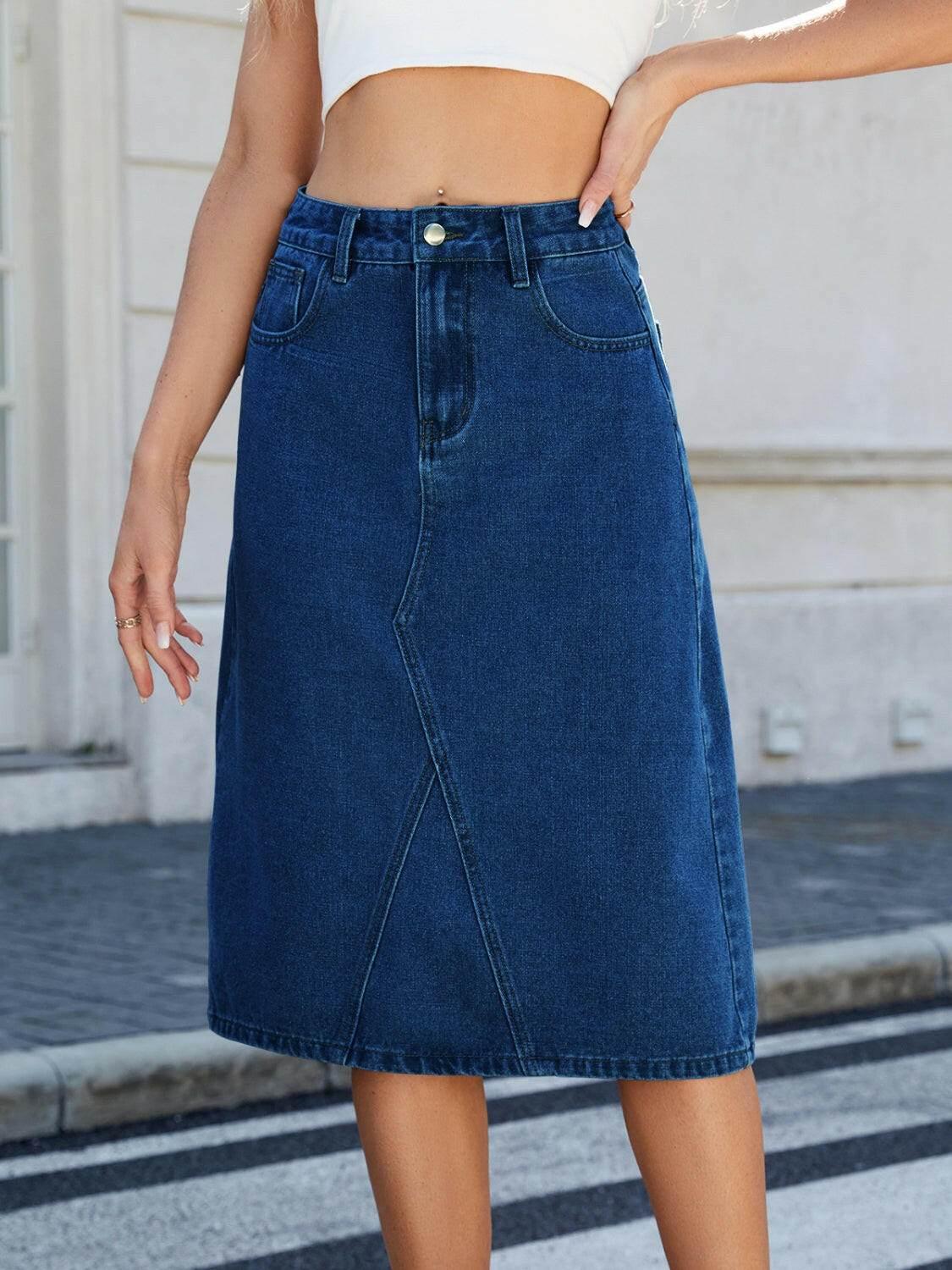 Slit Back Midi Denim Skirt - StyleLure