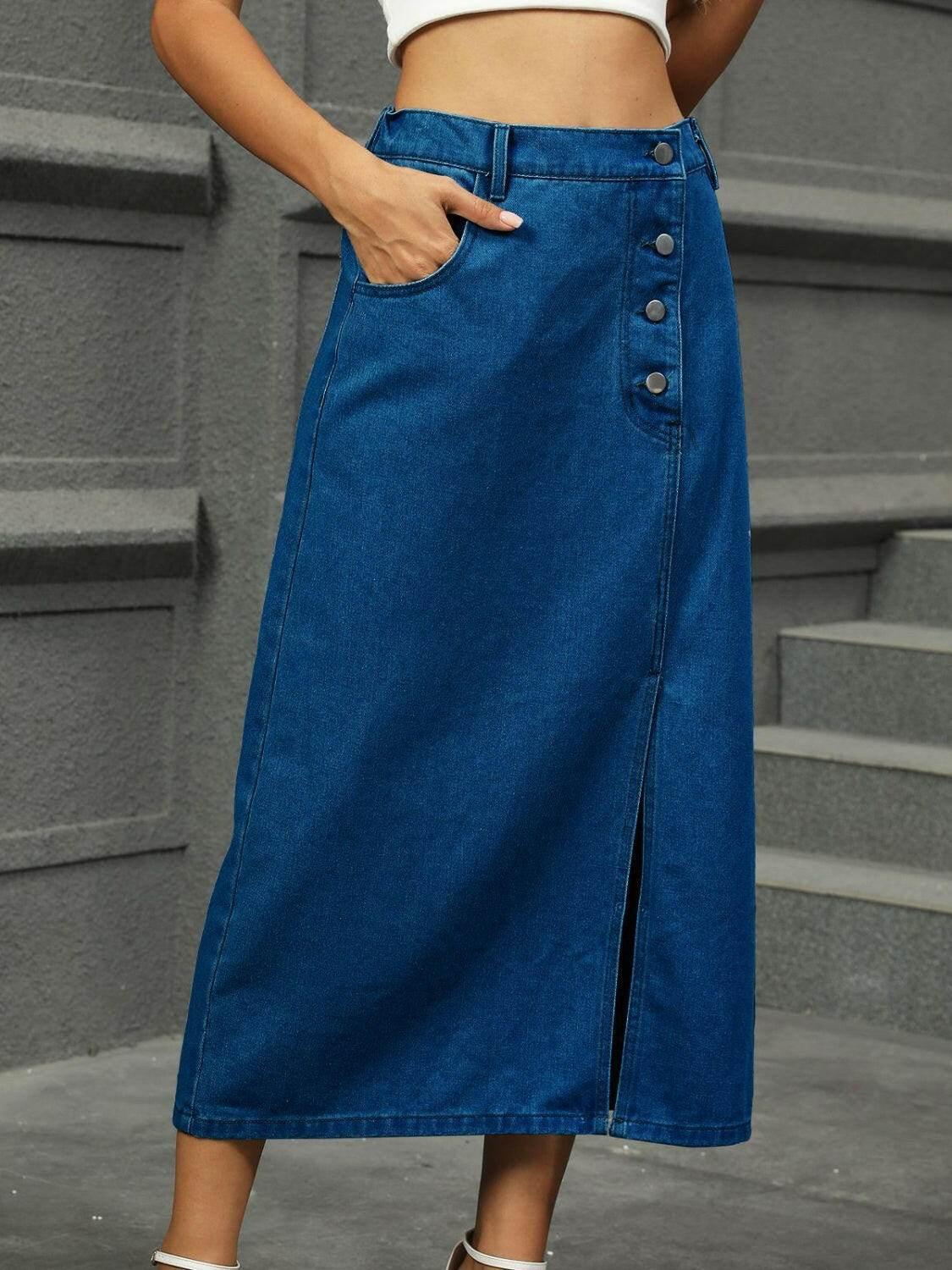 Slit Button Detail Denim Midi Skirt - StyleLure