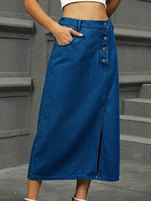 Slit Button Detail Denim Midi Skirt - StyleLure
