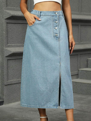 Slit Button Detail Denim Midi Skirt - StyleLure