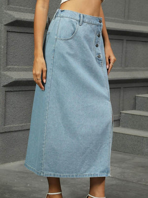 Slit Button Detail Denim Midi Skirt - StyleLure