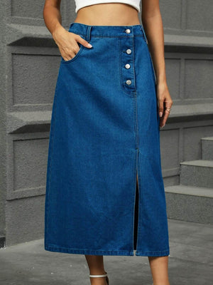 Slit Button Detail Denim Midi Skirt - StyleLure