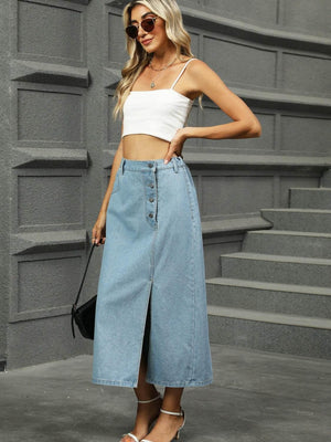 Slit Button Detail Denim Midi Skirt - StyleLure