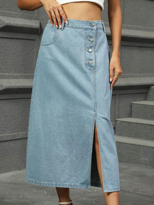 Slit Button Detail Denim Midi Skirt - StyleLure