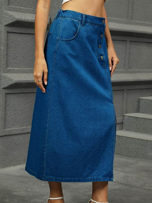 Slit Button Detail Denim Midi Skirt - StyleLure