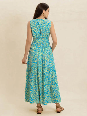 Slit Printed V - Neck Sleeveless Dress - StyleLure