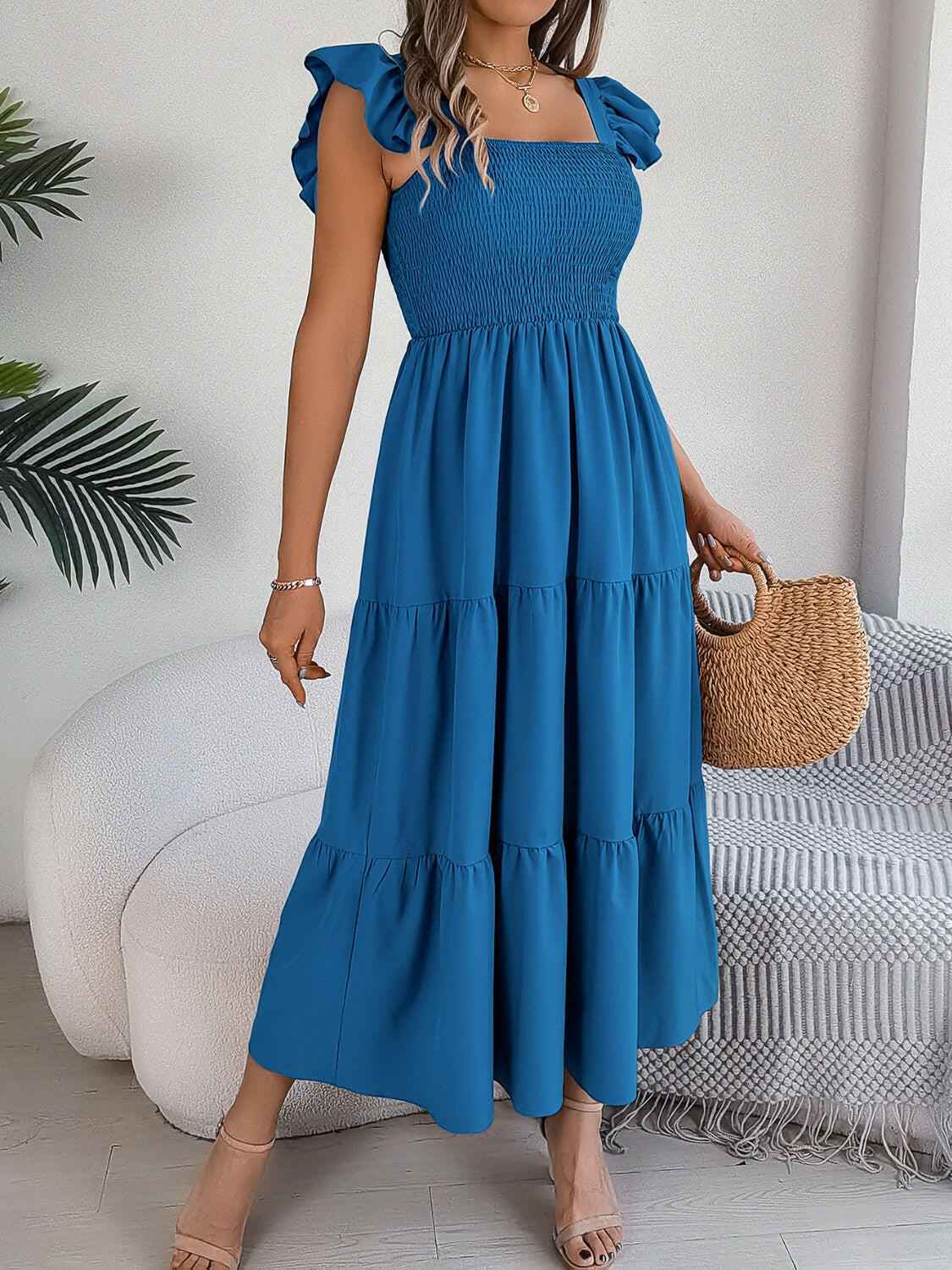 Smocked Square Neck Cap Sleeve Midi Dress - StyleLure