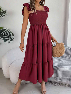Smocked Square Neck Cap Sleeve Midi Dress - StyleLure