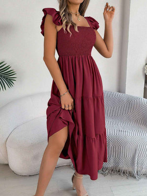 Smocked Square Neck Cap Sleeve Midi Dress - StyleLure