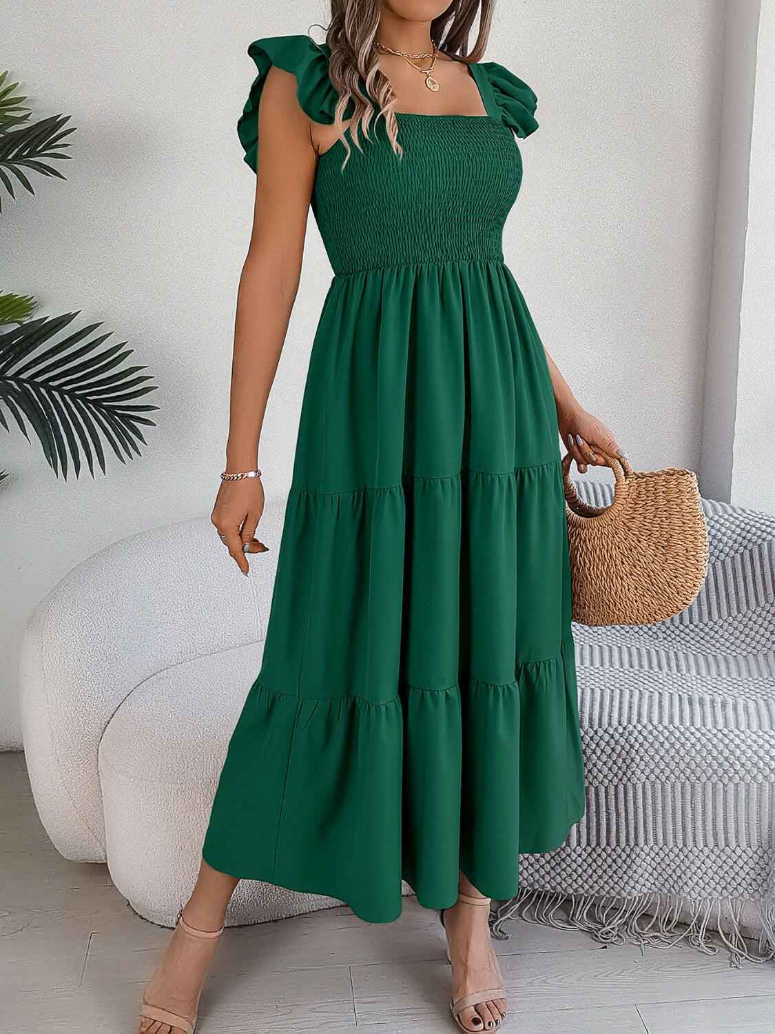 Smocked Square Neck Cap Sleeve Midi Dress - StyleLure