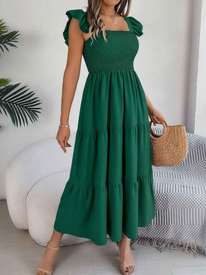 Smocked Square Neck Cap Sleeve Midi Dress - StyleLure