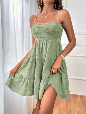 Smocked Tiered Sleeveless Mini Dress - StyleLure