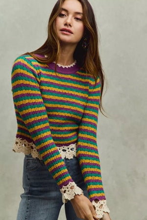 SO ME Mardi Gras Striped Cropped Knit Top with Crochet Edge - StyleLure