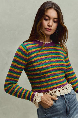SO ME Mardi Gras Striped Cropped Knit Top with Crochet Edge - StyleLure