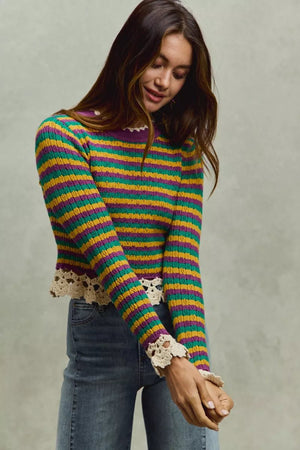 SO ME Mardi Gras Striped Cropped Knit Top with Crochet Edge - StyleLure