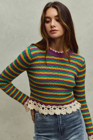 SO ME Mardi Gras Striped Cropped Knit Top with Crochet Edge - StyleLure
