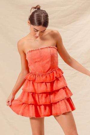 SO ME Strapless Ruffle Layered Game Day Cheer Up Dress - StyleLure