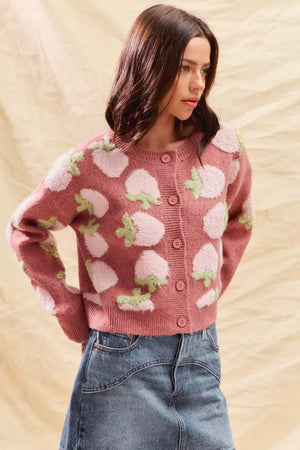 SO ME Strawberry Fruit All Over Button Sweater Cardigan - StyleLure
