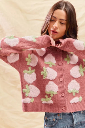 SO ME Strawberry Fruit All Over Button Sweater Cardigan - StyleLure