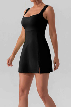 Square Neck Sleeveless Slit Mini Active Dress - StyleLure