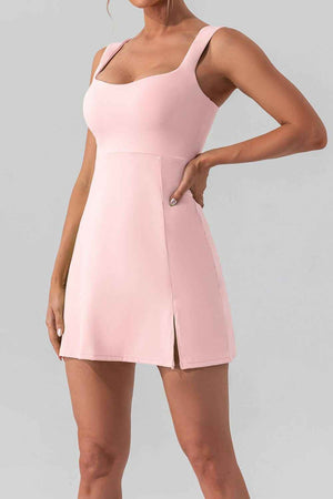 Square Neck Sleeveless Slit Mini Active Dress - StyleLure