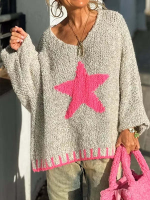 Star V - Neck Long Sleeve Sweater - StyleLure