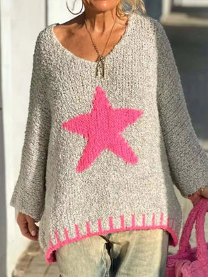 Star V - Neck Long Sleeve Sweater - StyleLure