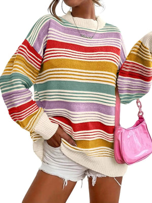 Striped Knit Long Sleeve Sweater - StyleLure