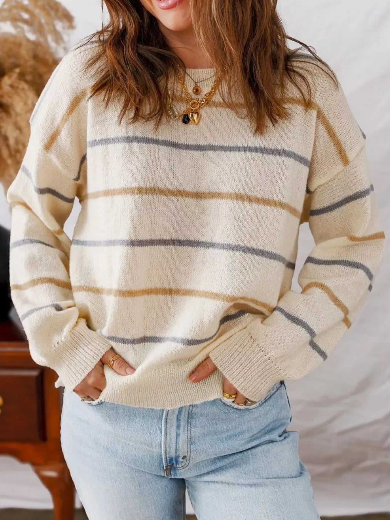 Striped Knit Round Neck Sweater - StyleLure