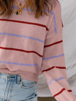 Striped Knit Round Neck Sweater - StyleLure