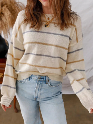 Striped Knit Round Neck Sweater - StyleLure