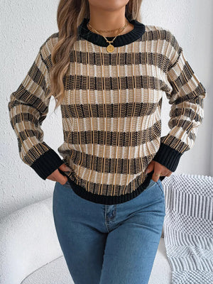 Striped Round Neck Long Sleeve Sweater - StyleLure