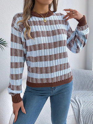 Striped Round Neck Long Sleeve Sweater - StyleLure