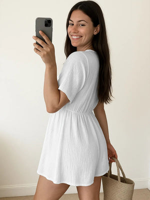 Surplice Half Sleeve Wrap Romper - StyleLure