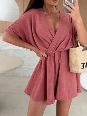 Surplice Half Sleeve Wrap Romper - StyleLure
