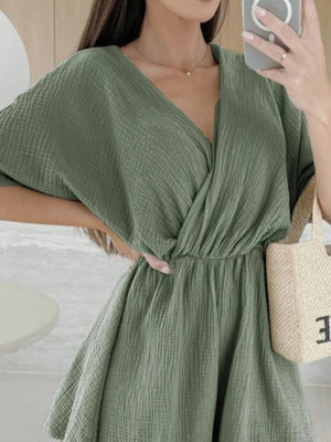 Surplice Half Sleeve Wrap Romper - StyleLure