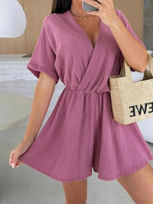 Surplice Half Sleeve Wrap Romper - StyleLure