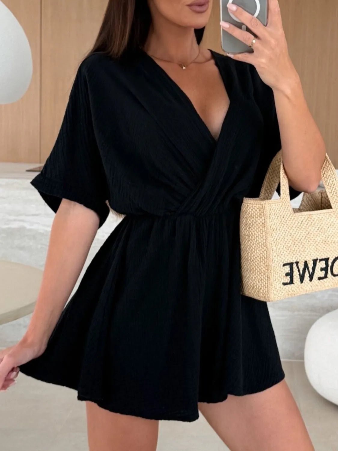 Surplice Half Sleeve Wrap Romper - StyleLure
