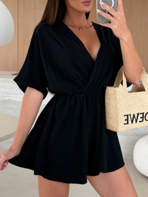 Surplice Half Sleeve Wrap Romper - StyleLure