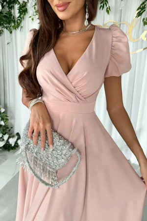 Surplice Puff Sleeve Midi Dress - StyleLure
