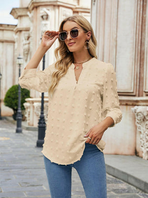 Swiss Dot Notched Neck Blouse - StyleLure