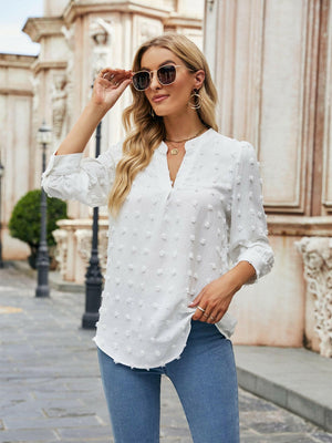 Swiss Dot Notched Neck Blouse - StyleLure
