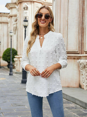 Swiss Dot Notched Neck Blouse - StyleLure