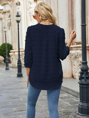 Swiss Dot Notched Neck Blouse - StyleLure