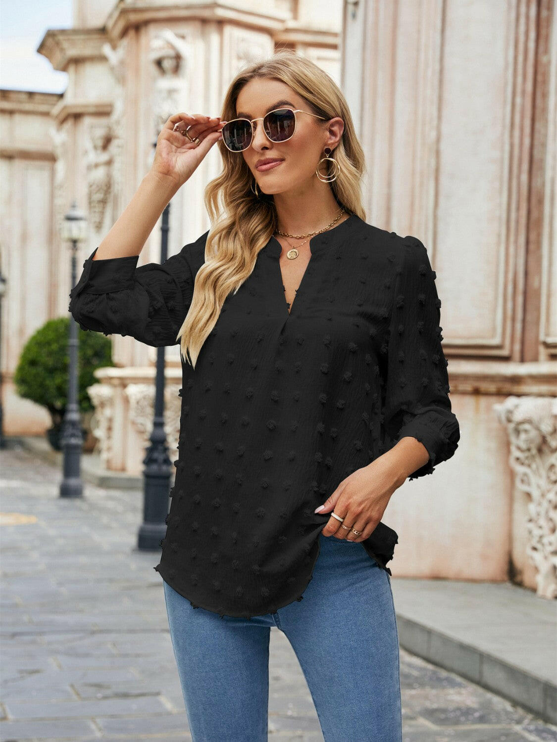 Swiss Dot Notched Neck Blouse - StyleLure
