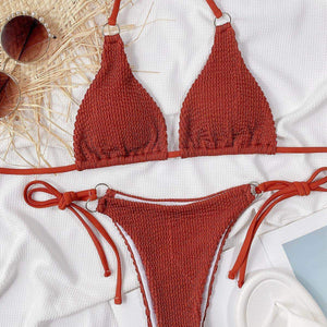 Textured Halter Neck Tie Side Bikini Set - StyleLure