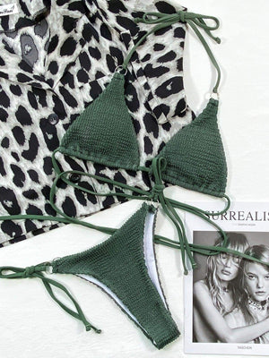 Textured Halter Neck Tie Side Bikini Set - StyleLure