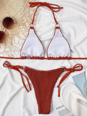 Textured Halter Neck Tie Side Bikini Set - StyleLure
