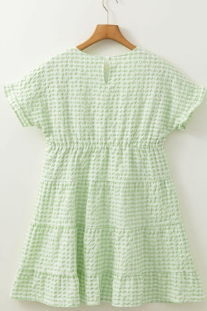 Textured Short Sleeve Tiered Mini Dress - StyleLure