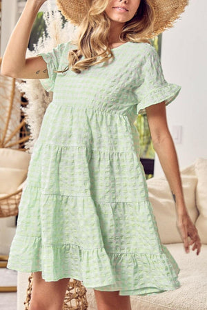 Textured Short Sleeve Tiered Mini Dress - StyleLure